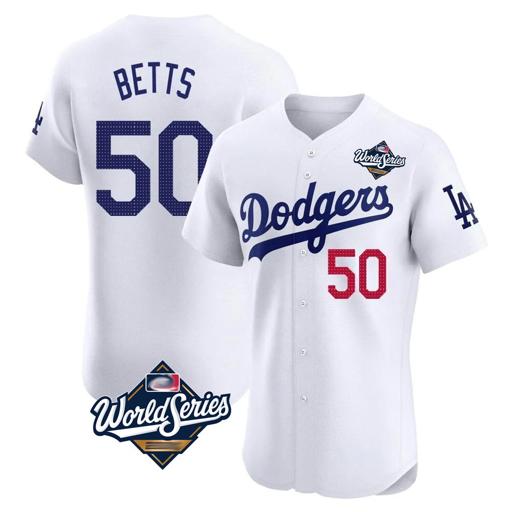 Los Angeles Dodgers #50 Mookie Betts Player White CONTON World Series Limited Elite Home Stitched Jerseys