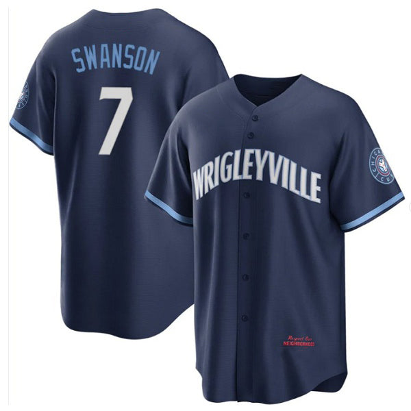 Chicago Cubs #7 Dansby Swanson Navy CONTON City Connect Cool Base Stitched Jersey