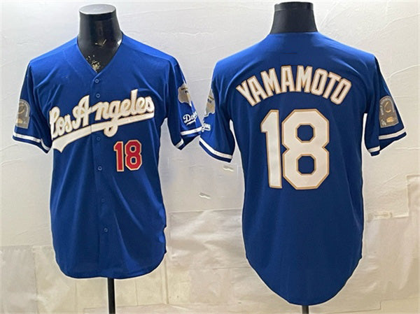 Los Angeles Dodgers #18 Yoshinobu Yamamoto Royal CONTON 2026 Gold Collection 9x & B2B Champs Patch Stitched Jersey