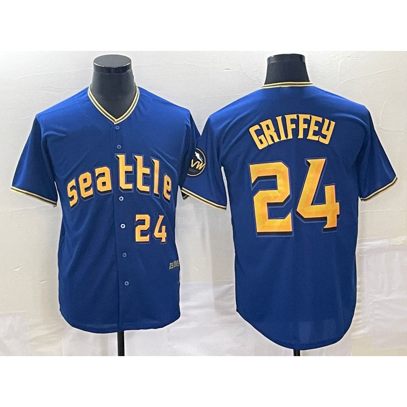 Seattle Mariners #24 Ken Griffey Number Blue CONTON 2023 City Connect Cool Base Stitched Jersey 2