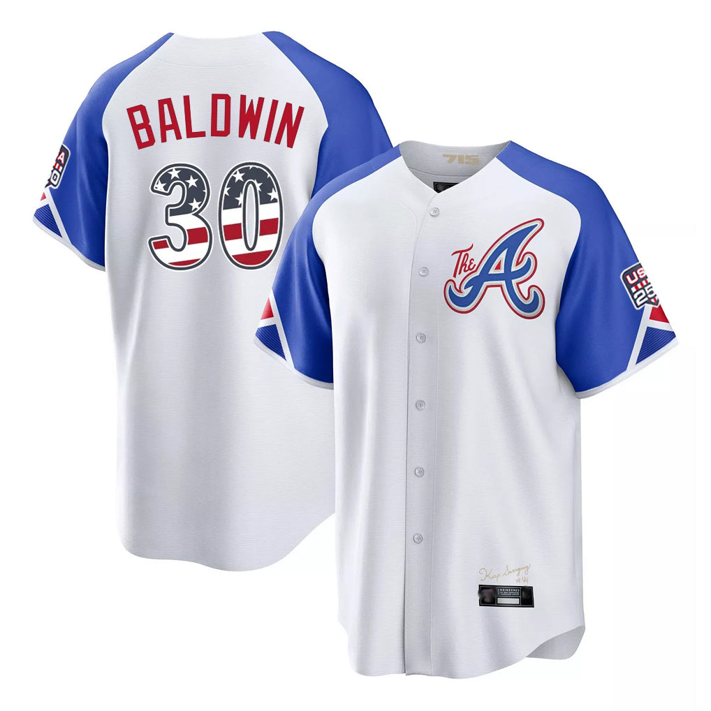 Atlanta Braves #30 Drake Baldwin Player White CONTON USA 250 Fourth Of July City Connect Home Game Stitched Jerseys