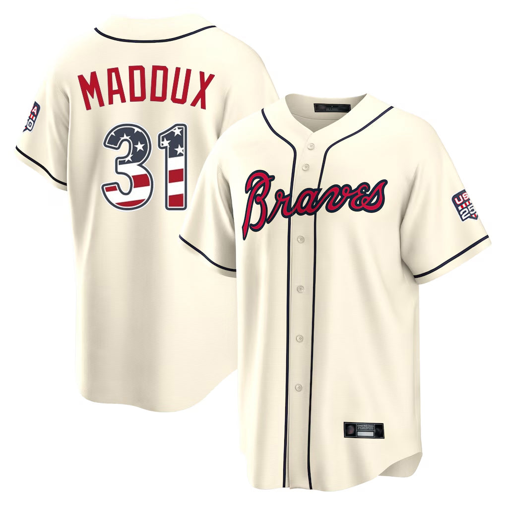 Atlanta Braves #31 Greg Maddux Player Cream CONTON USA 250 Fourth Of July Limited Home Game Stitched Jerseys