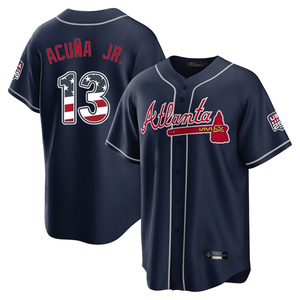 Atlanta Braves #13 Ronald Acuna Jr Player Navy CONTON USA 250 Fourth Of July Limited Home Game Stitched Jerseys