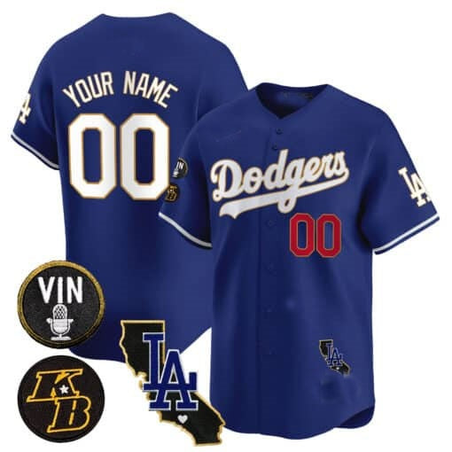 Custom Los Angeles Dodgers Vin Patch & Kobe Bryant Gold Trim Vapor Premier Limited Jersey V2 ¨C Royal CONTON