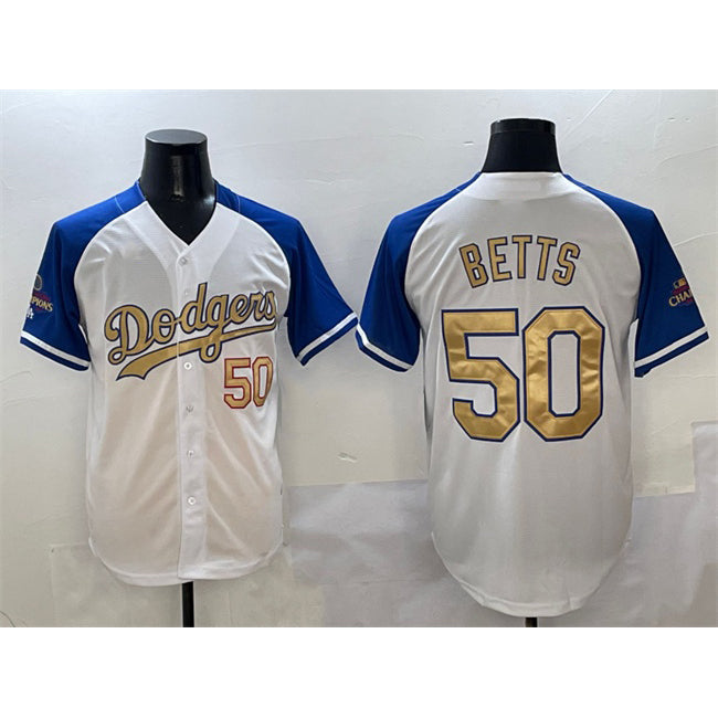 Los Angeles Dodgers #50 Mookie Betts White Royal Gold CONTON 2024 World Series Champions Vapor Limited Stitched Jersey