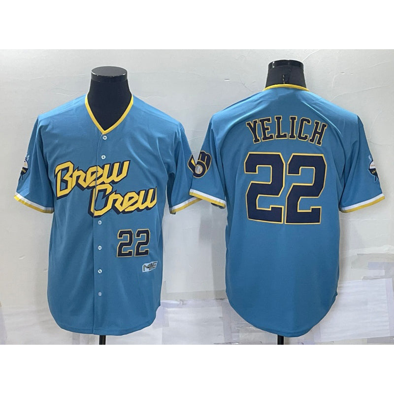 Milwaukee Brewers #22 Christian Yelich Number Blue CONTON 2022 City Connect Cool Base Stitched Jersey