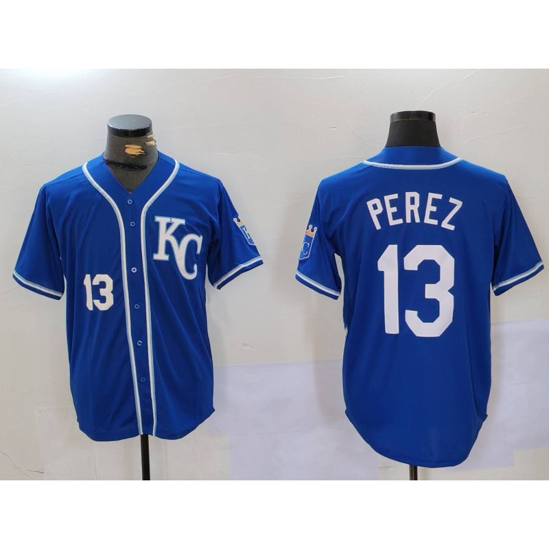 Kansas City Royals #13 Salvador Perez Number Blue CONTON KC Cool Base Stitched Jersey