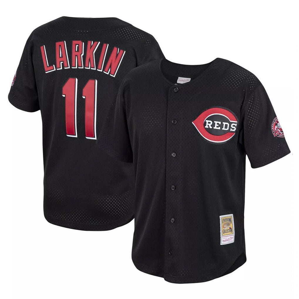 Cincinnati Reds #11 Barry Larkin Player Black CONTON Mitchell & Ness Throwback Cooperstown Mesh Game Stitched Jerseys
