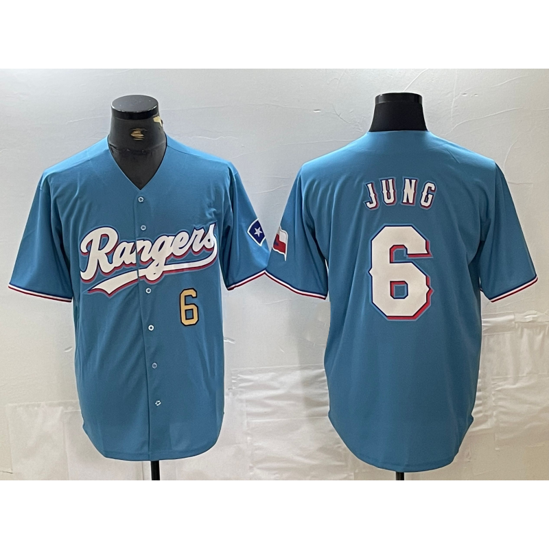 Texas Rangers #6 Josh Jung Number Light Blue CONTON Team Logo Cool Base Jersey