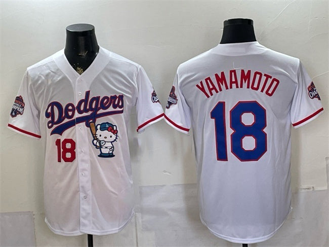 Los Angeles Dodgers #18 Yoshinobu Yamamoto White CONTON Hello Kitty Night 2025 World Series Champions Patch Stitched Jersey