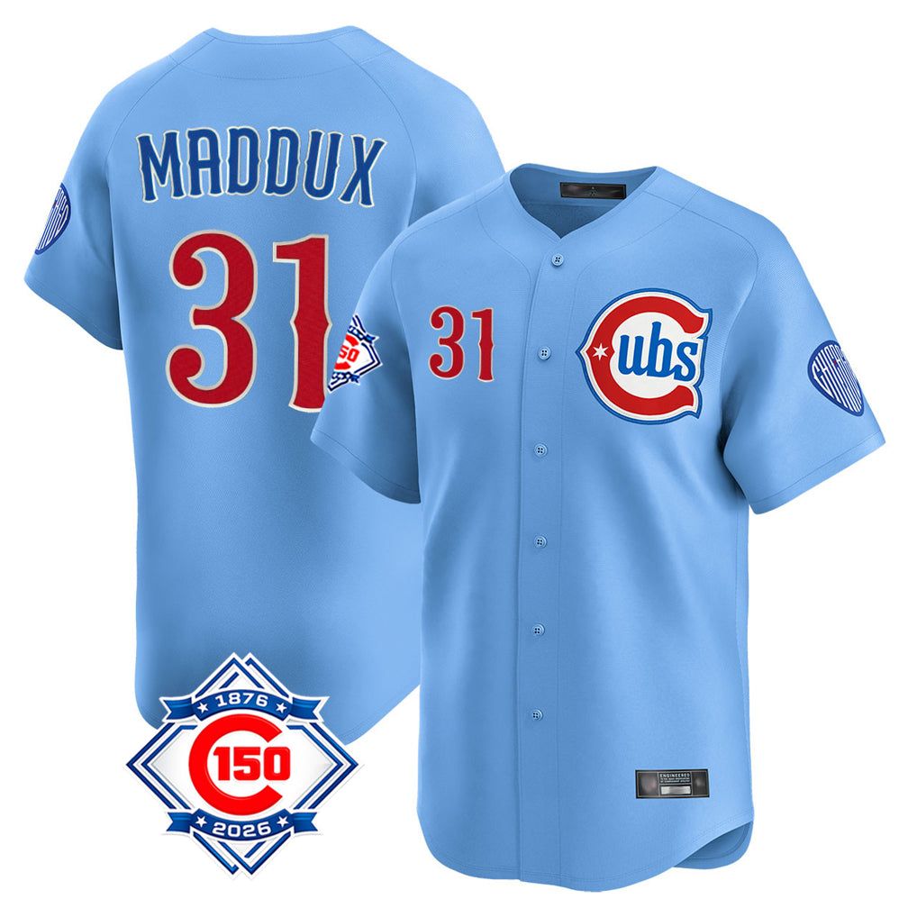Chicago Cubs #31 Greg Maddux Player Light Blue CONTON 150th Anniversary Limited Home Stitched Jerseys