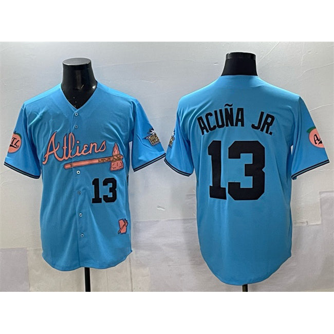 Atlanta Braves #13 Ronald Acuna Jr. Blue CONTON 2024 Atliens & Peach With Outkast Patch Vapor Limited Stitched Jersey