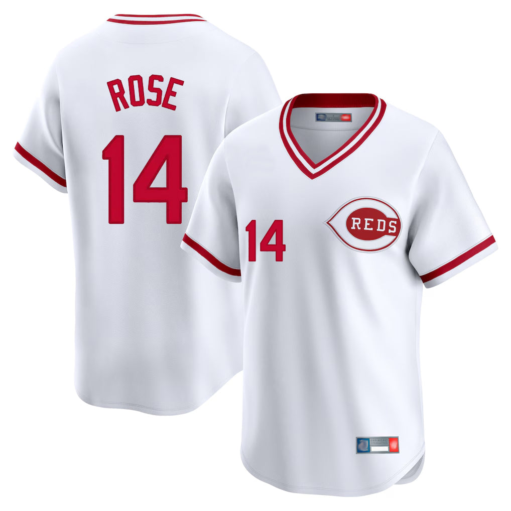 Cincinnati Reds #14 Pete Rose Player White CONTON Cooperstown Collection Limited T-shirt Home Stitched Jerseys