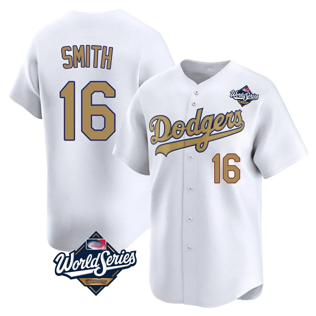 Los Angeles Dodgers #16 Will Smith Player White Gold CONTON World Series Collection Limited Home Stitched Jerseys
