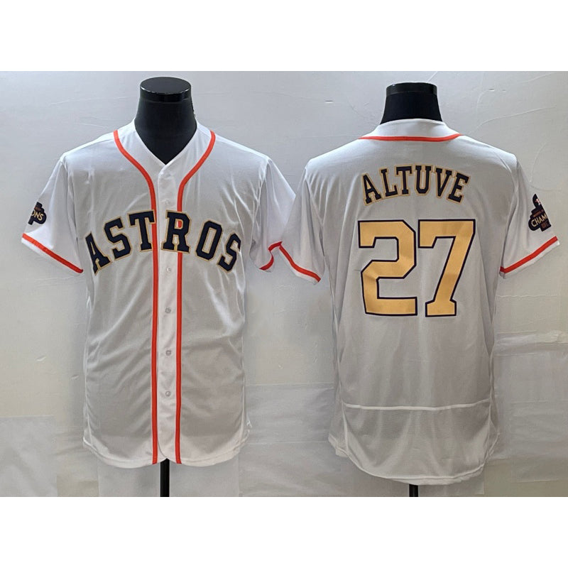 Houston Astros #27 Jose Altuve 2023 White Gold CONTON World Serise Champions Patch Flex Base Stitched Jersey