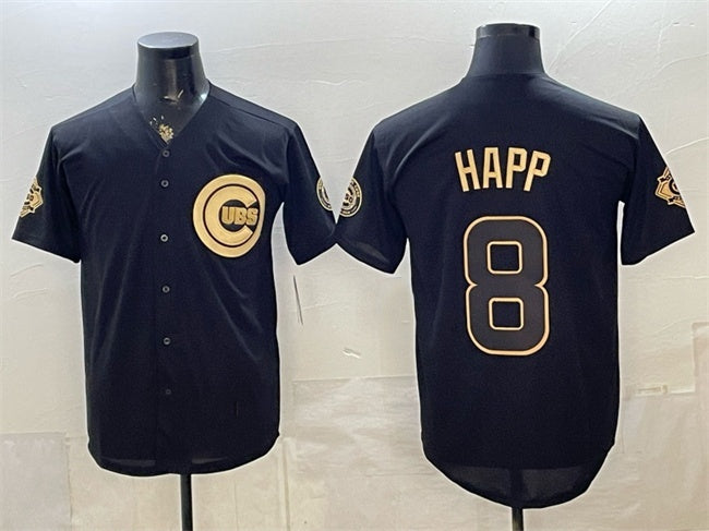 Chicago Cubs #8 lan Happ Black Gold CONTON 150th Anniversary Patch Stitched Jersey