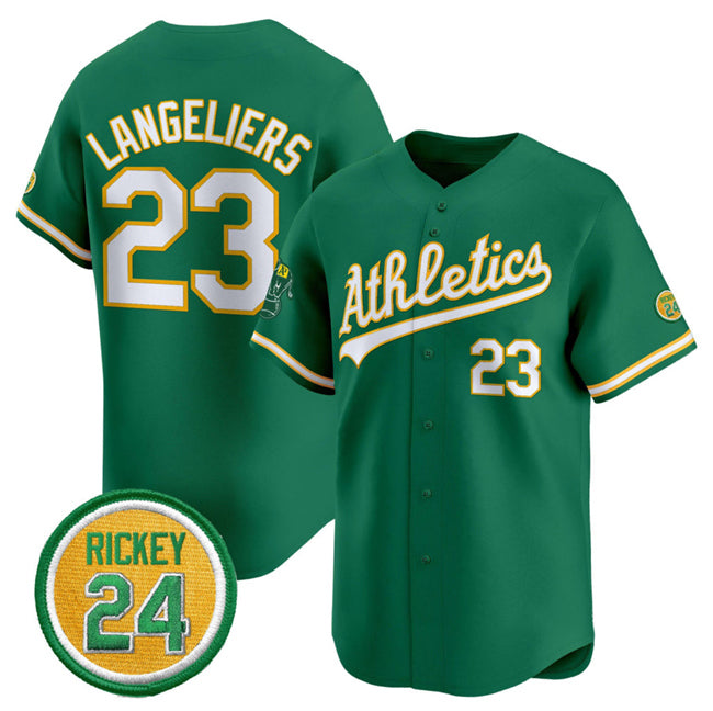 Oakland Athletics #23 Shea Langeliers Green CONTON 2024 Limited With Rickey Henderson Patch Stitched Jersey
