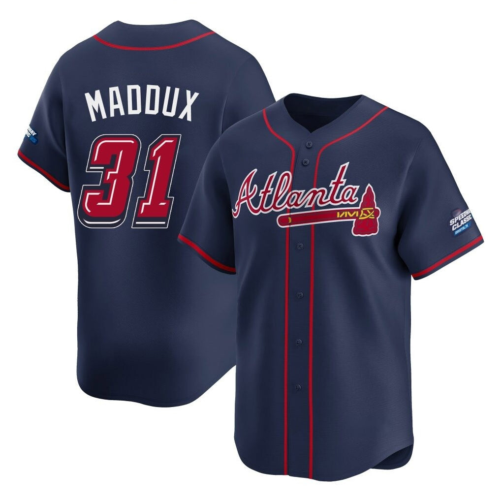 Atlanta Braves #31 Greg Maddux Player Navy CONTON 2025 Speedway Classic Home Game Stitched Jerseys