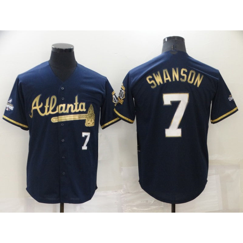Atlanta Braves #7 Dansby Swanson Navy Blue CONTON 2021 World Series Champions Golden Edition Stitched Cool Base Jersey