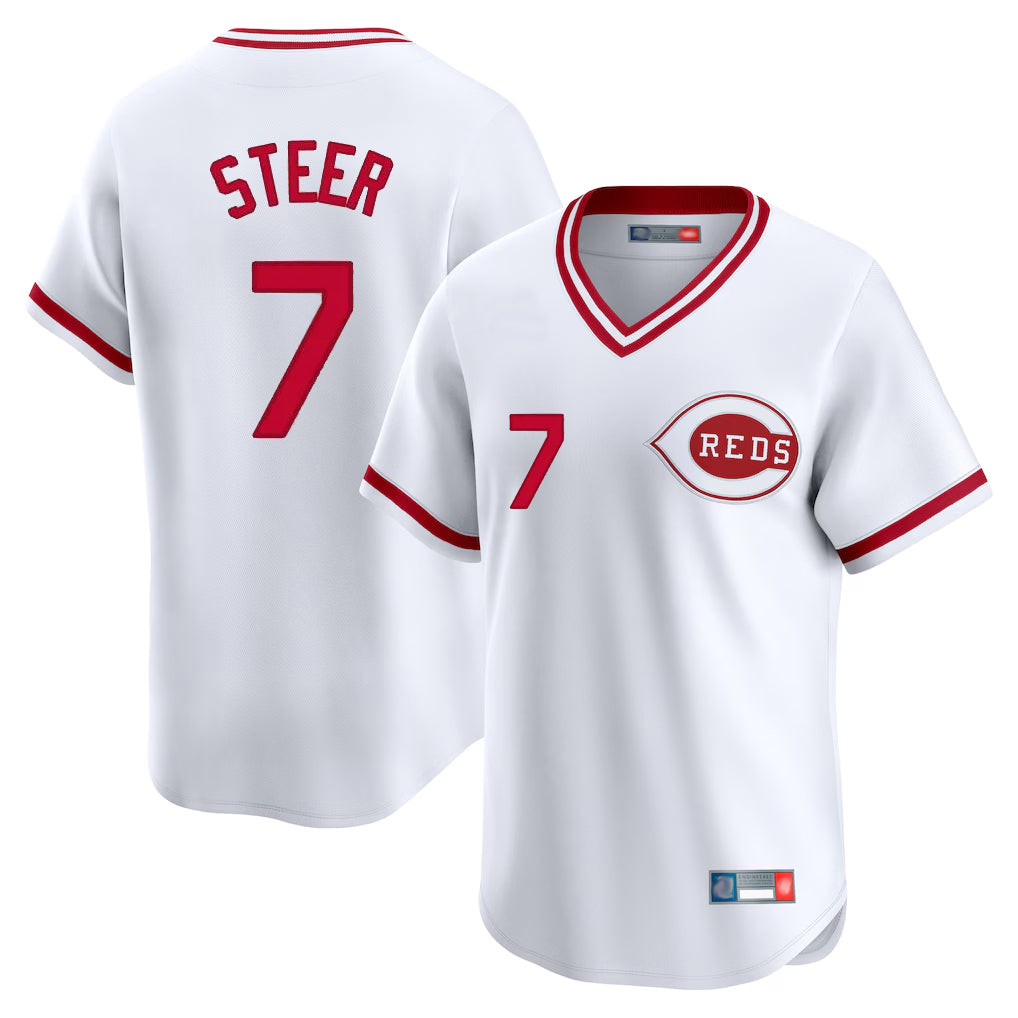 Cincinnati Reds #7 Spencer Steer Player White CONTON Cooperstown Collection Limited T-shirt Home Stitched Jerseys