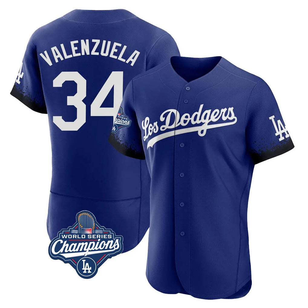 Los Angeles Dodgers #34 Fernando Valenzuela Player Royal CONTON World Series Meet City Connect Elite Home Stitched Jerseys