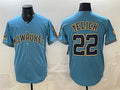 Milwaukee Brewers #22 Christian Yelich Blue CONTON With Home & Bob Uecker Patch Stitched Jersey