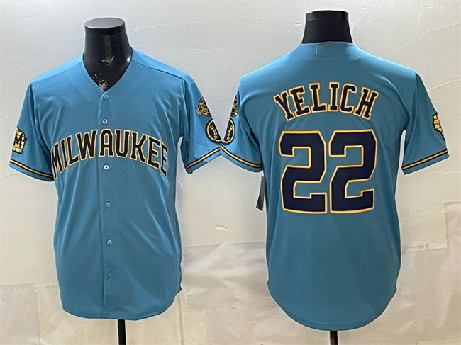 Milwaukee Brewers #22 Christian Yelich Blue CONTON With Home & Bob Uecker Patch Stitched Jersey