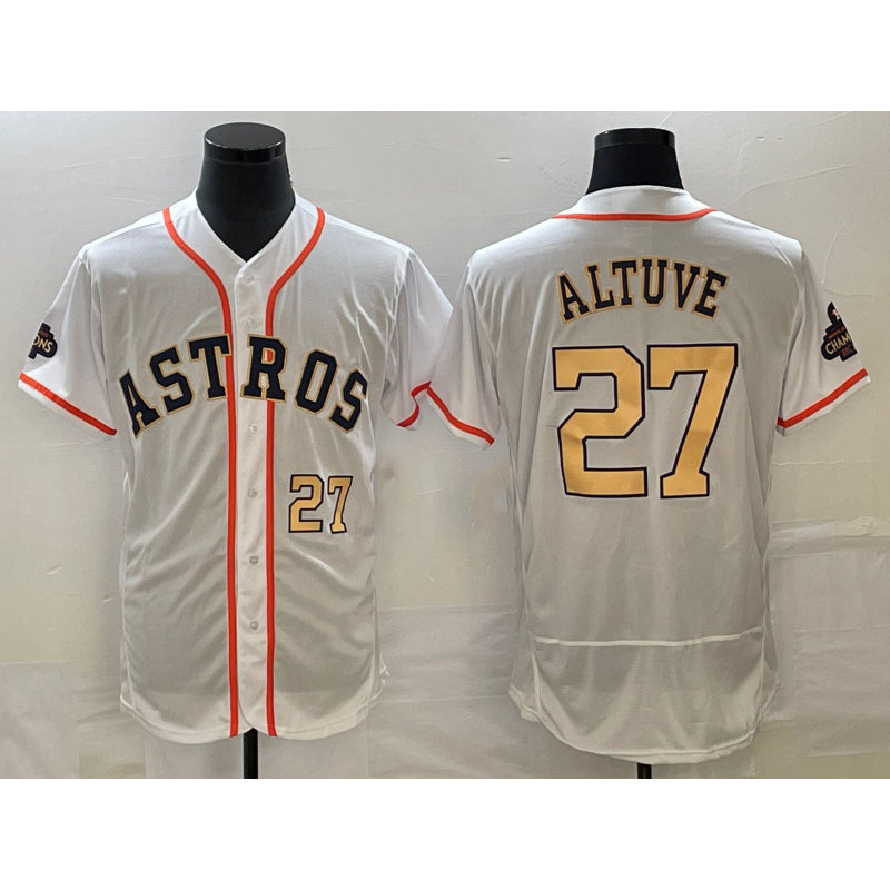 Houston Astros #27 Jose Altuve Number 2023 White CONTON Gold World Serise Champions Patch Flex Base Stitched Jersey 3