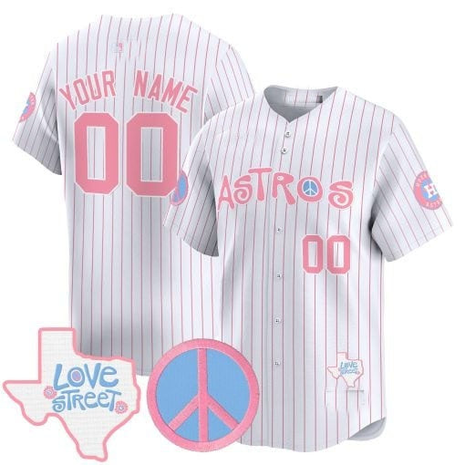 Custom Houston Astros  Love Street & Peace Sign Patch Bubblegum Pink Vapor Premier Limited Jersey ¨C Pinstripe CONTON