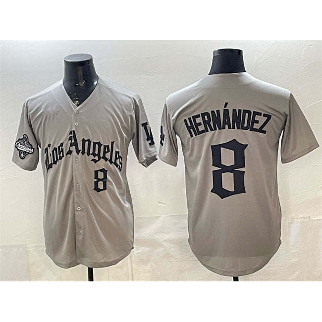 Los Angeles Dodgers #8 Enrique Hernandez Grey CONTON LA Gothic Style With 2025 World Series Champions Patch Limited Stitched Jersey