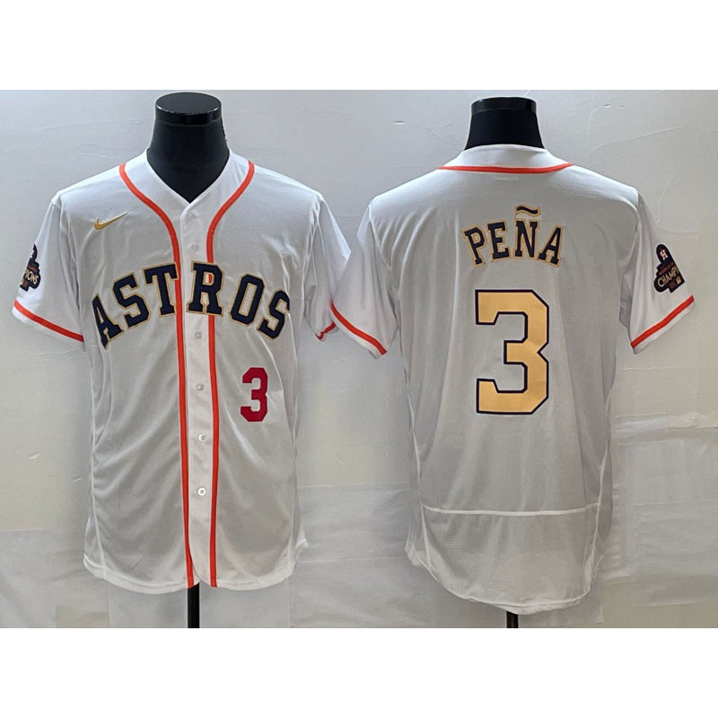 Houston Astros #3 Jeremy Pena Number 2023 White Gold CONTON World Serise Champions Patch Flex Base Stitched Jersey