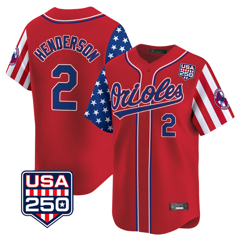 Baltimore Orioles #2 Gunnar Henderson Player Red CONTON USA 250 Independence Day Vapor Premier Limited Home Game Stitched Jerseys