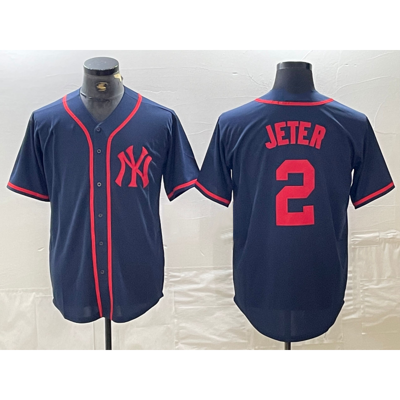 New York Yankees #2 Derek Jeter Navy Red CONTON Fashion Cool Base Jersey