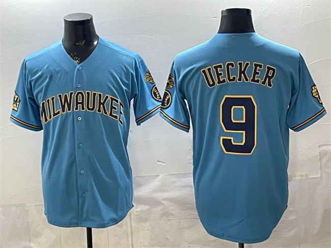 Milwaukee Brewers #9 Bob Uecker Blue CONTON With Home & Bob Uecker Patch Stitched Jersey
