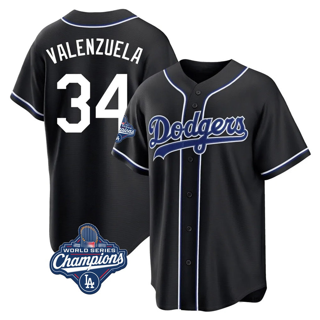 Los Angeles Dodgers #34 Fernando Valenzuela Player Black CONTON World Series Meet Carbon Limited Home Stitched Jerseys