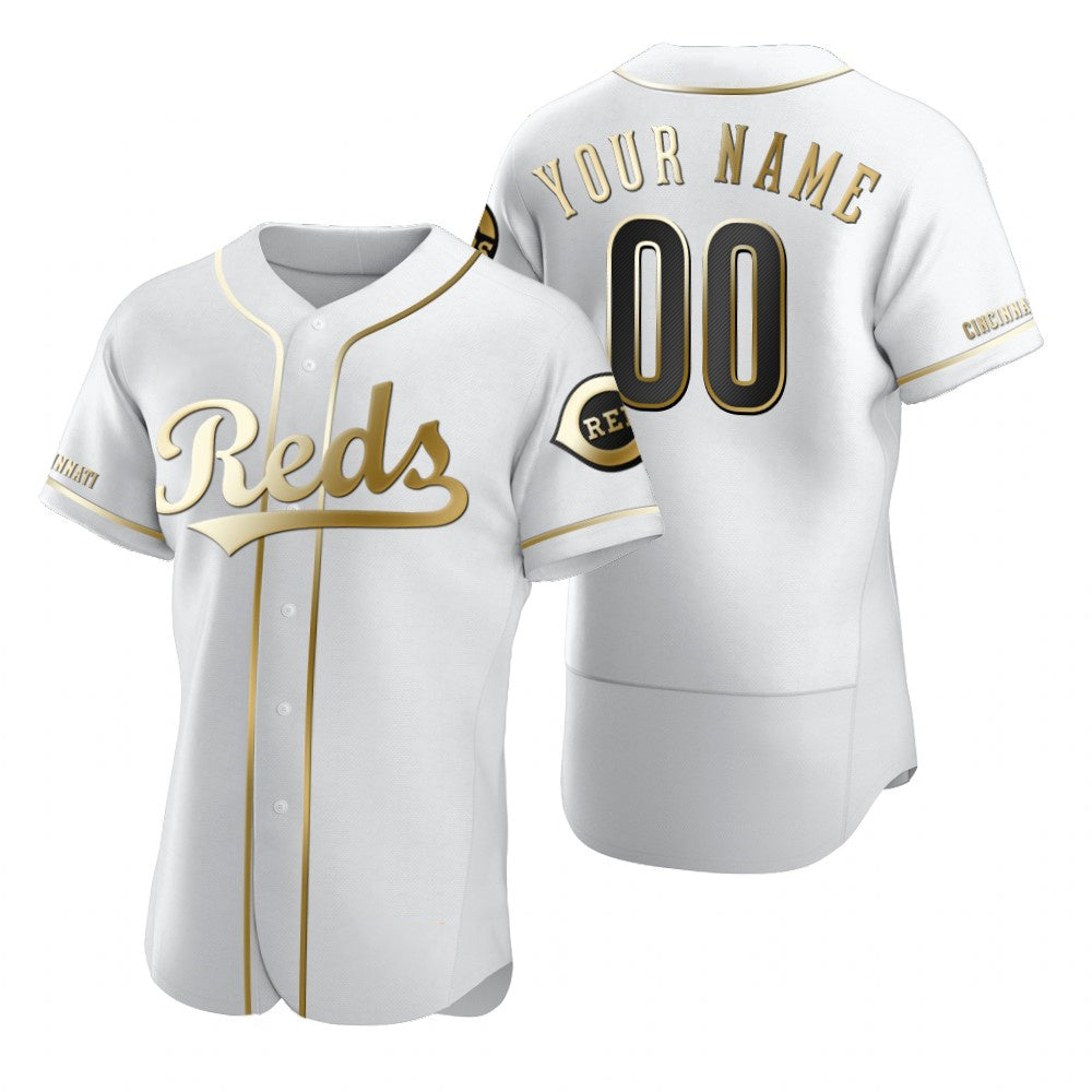 Custom Cincinnati Reds White CONTON Stitched Flex Base Golden Edition Jersey