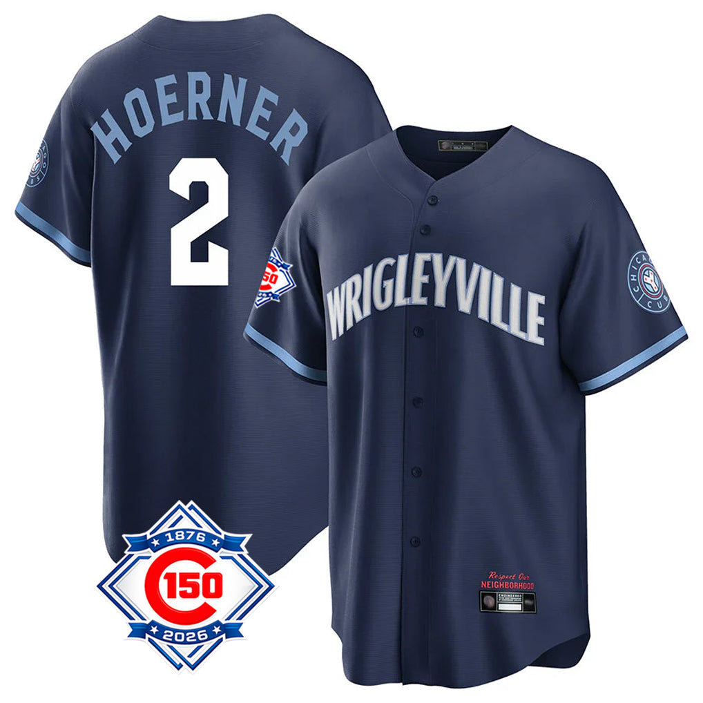 Chicago Cubs #2 Nico Hoerner Player Navy CONTON 150th Anniversary City Connect Home Game Stitched Jerseys