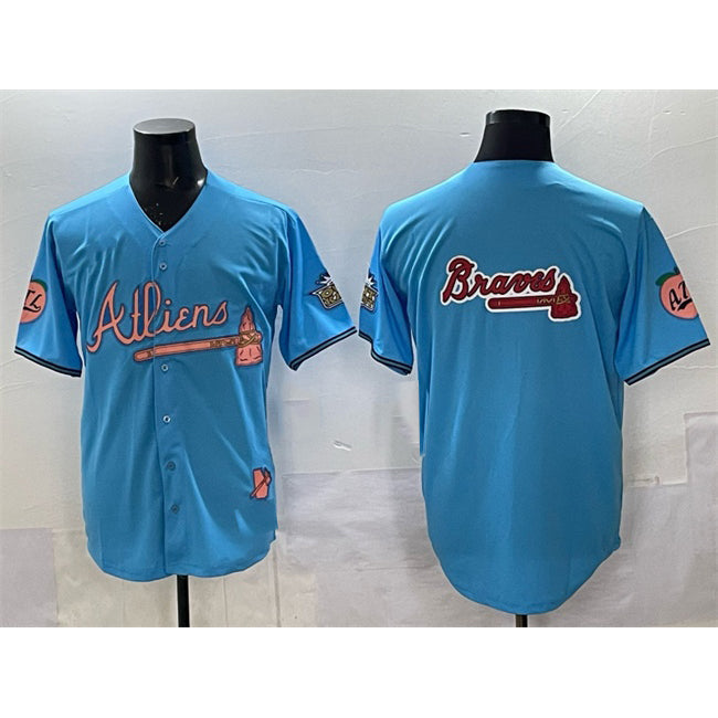 Atlanta Braves Team Big Logo Blue CONTON 2024 Atliens & Peach With Outkast Patch Vapor Limited Stitched Jersey