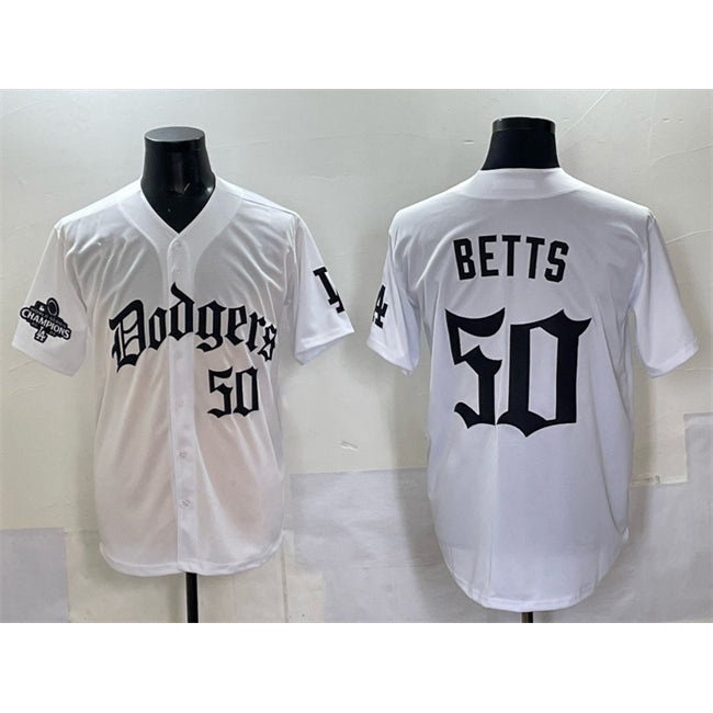 Los Angeles Dodgers #50 Mookie Betts White CONTON 2025 LA Gothic Style With 2024 World Series Champions Patch Vapor Premier Limited Stitched Jersey