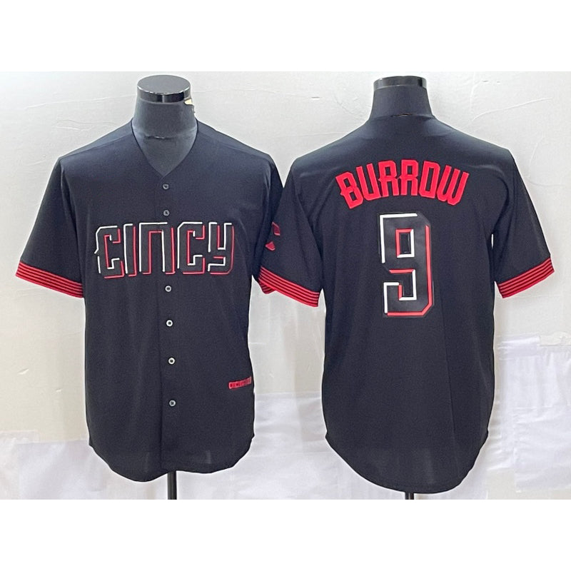 Cincinnati Reds #9 Joe Burrow Black CONTON 2023 City Connect Cool Base Stitched Jersey 2