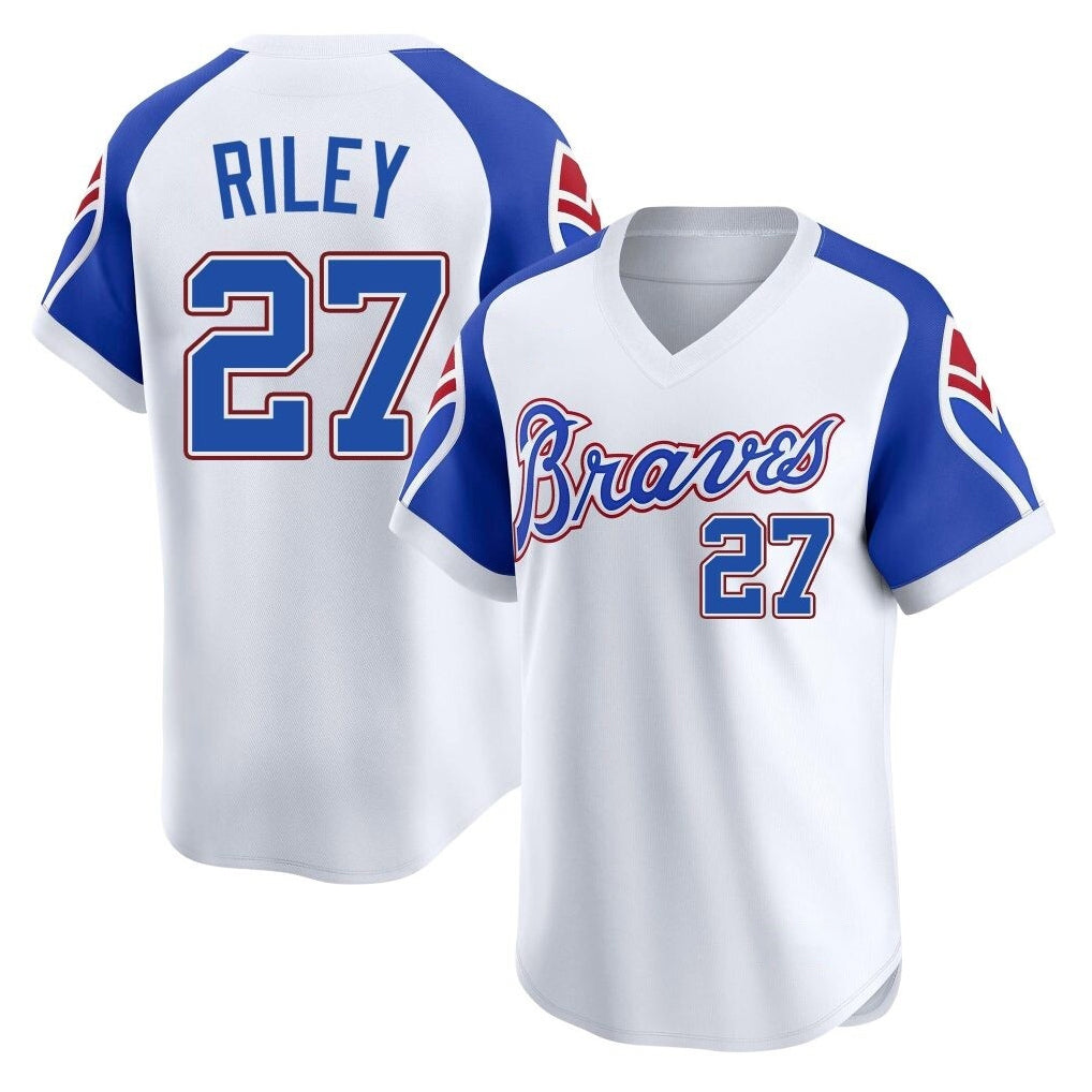 Atlanta Braves #27 Austin Riley Player White CONTON Throwback Cooperstown Collection T-shirt Game Stitched Jerseys