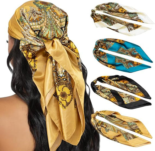 4PCS Head Scarf for Women 35” Silk Feel Hair Scarf | Satin Neck Scarfs, Square Bandana Hair Wraps, Head Scarves for Sleeping, Travel, Hair Protection, Daily Wear