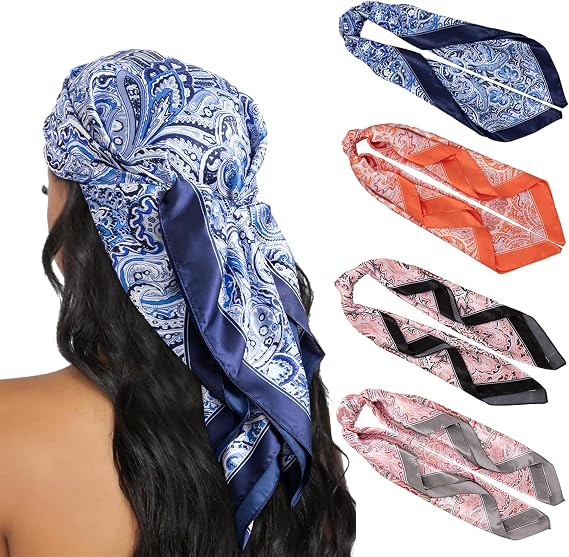 4PCS Head Scarf for Women 35” Silk Feel Hair Scarf | Satin Neck Scarfs, Square Bandana Hair Wraps, Head Scarves for Sleeping, Travel, Hair Protection, Daily Wear