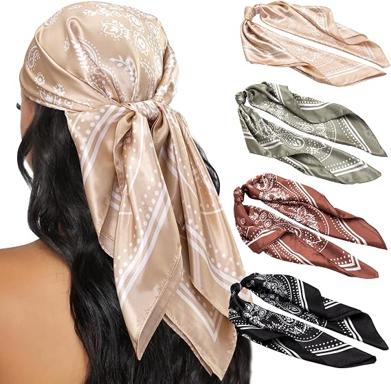 4PCS Head Scarf for Women 35” Silk Feel Hair Scarf | Satin Neck Scarfs, Square Bandana Hair Wraps, Head Scarves for Sleeping, Travel, Hair Protection, Daily Wear