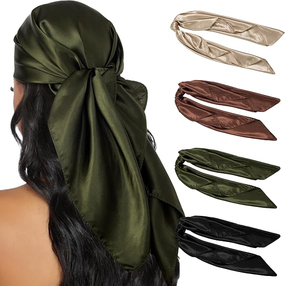 4PCS Head Scarf for Women 35” Silk Feel Hair Scarf | Satin Neck Scarfs, Square Bandana Hair Wraps, Head Scarves for Sleeping, Travel, Hair Protection, Daily Wear