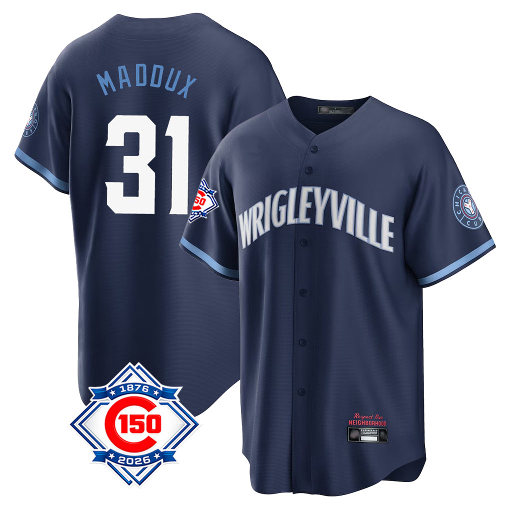 Chicago Cubs #31 Greg Maddux Player Navy CONTON 150th Anniversary City Connect Home Game Stitched Jerseys
