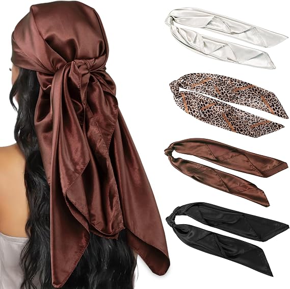 4PCS Head Scarf for Women 35” Silk Feel Hair Scarf | Satin Neck Scarfs, Square Bandana Hair Wraps, Head Scarves for Sleeping, Travel, Hair Protection, Daily Wear