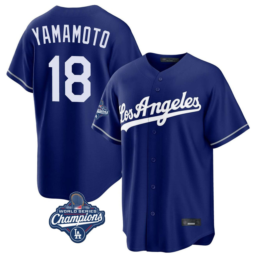 Los Angeles Dodgers #18 Yoshinobu Yamamoto Player Royal CONTON World Series Meet Game Stitched Jerseys