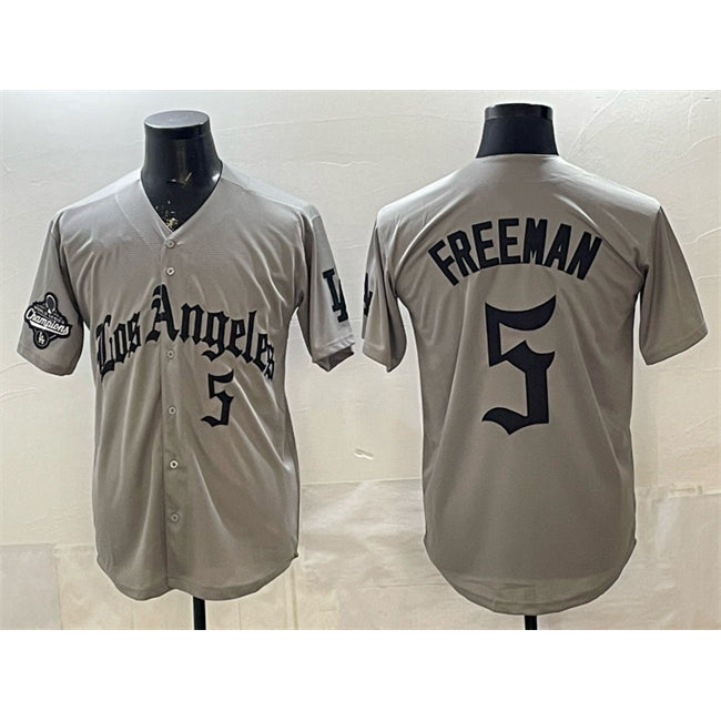 Los Angeles Dodgers #5 Freddie Freeman Grey CONTON LA Gothic Style With 2025 World Series Champions Patch Limited Stitched Jersey