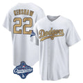 Los Angeles Dodgers #22 Clayton Kershaw Player White Gold CONTON World Series Meet Collection Game Home Stitched Jerseys